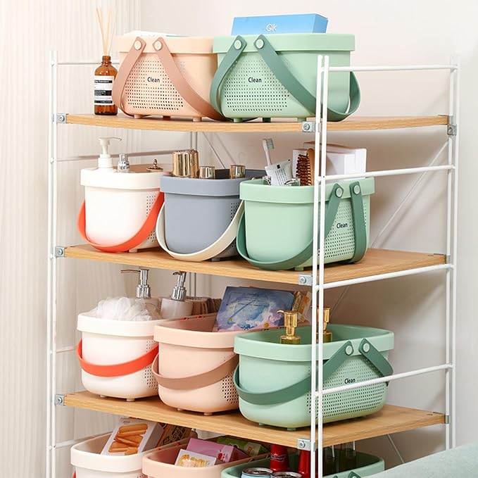 JiatuA Plastic Storage Basket with Handle Portable Shower Caddy Tote Organizer Basket Bin for Bathroom Kitchen Dorm Room Bedroom, Small Pink
