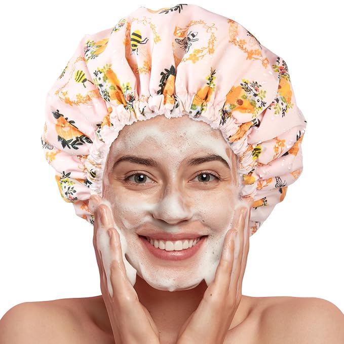Shower Cap for Women Terry Lined Bee Bath Cap Large Reusable Waterproof Elastic Band Beekeeper Shower Caps for Long Thick Hair Soft Bath Shower Hair Caps