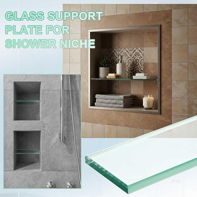 AceOrbit 2 Pcs 3-1/8 x 12-3/4 x 3/8 Inch Glass Shower Shelf for Shower Niche Break-Resistant Easy Install Clear Glass Support for DIY Storage Decor
