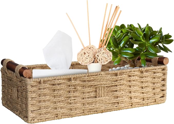 STOBSK Round Paper Rope Storage Basket with Handle, Beige, 14.5in x 6.6in x 3.74in