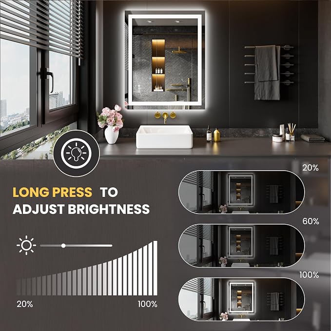 LOAAO 28"X36" LED Bathroom Mirror with Lights, UL Listed | Anti-Fog, Dimmable, 3 Color Temperature, Backlit + Front Lit, Memory Function, Tempered Glass