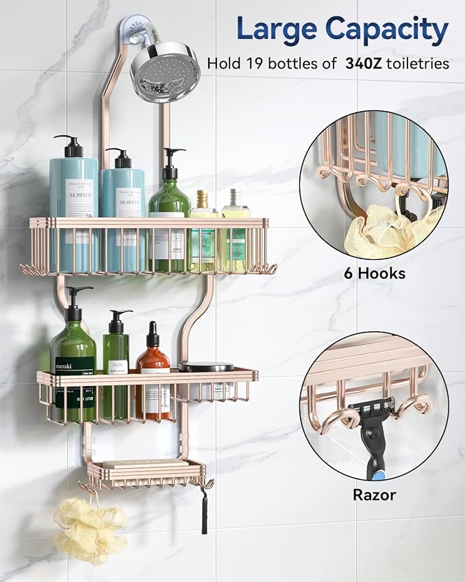 Never Rust Shower Caddy Hanging, Aluminum Shower Racks for Inside Shower, 3-Tier Shower Organizer Hanging Over Shower Head with Hooks and Soap Holder, Rose Gold