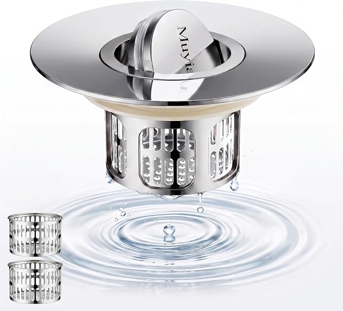3-in-1 Flip-Cover Bathtub Drain Stopper, Muyiajou, Flush Design, Flip-Cover (No Springs), 2 Strainers, Fits 1.4"-2.6" Drains, Rustproof, Tool-Free（Silver）