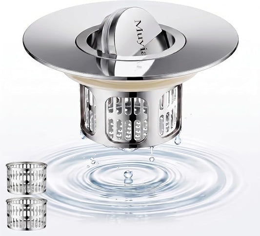 3-in-1 Flip-Cover Bathtub Drain Stopper, Muyiajou, Flush Design, Flip-Cover (No Springs), 2 Strainers, Fits 1.4"-2.6" Drains, Rustproof, Tool-Free（Silver）