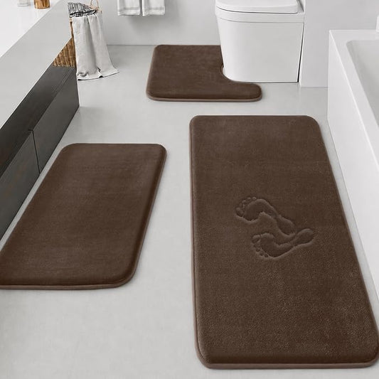 Bathroom Rugs Sets 3 Piece, Non-Slip & Quick Dry Bath Mat Set, Ultra Soft Velvet Bath Rugs for Bathroom, Toilet and Shower Floor, Brown