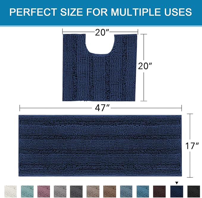 H.VERSAILTEX Bathroom Rugs Bath Rug Set 2 Piece Bathroom Contour Rug Toilet Mat Sets Non Slip Contour Bath Rug Ultra Thick Water Absorbent Striped Bath Mats Washable(47" x 17" Plus 20" x 20" U, Navy)
