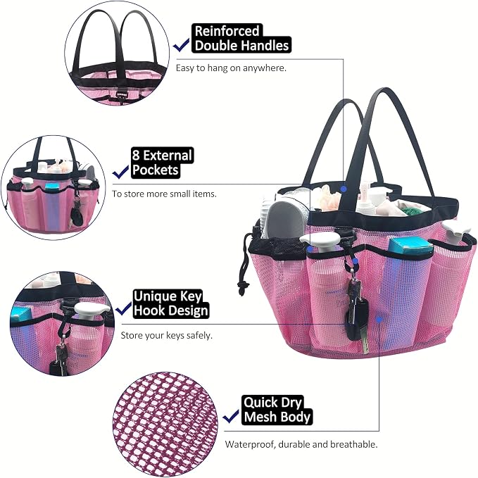 Moyad Large Mesh Shower Caddy Hanging Beach Tote Bag Travel Portable Cleaning Caddy Shower Organizer Camping Accessories College Dorm Room Essentials, Pink