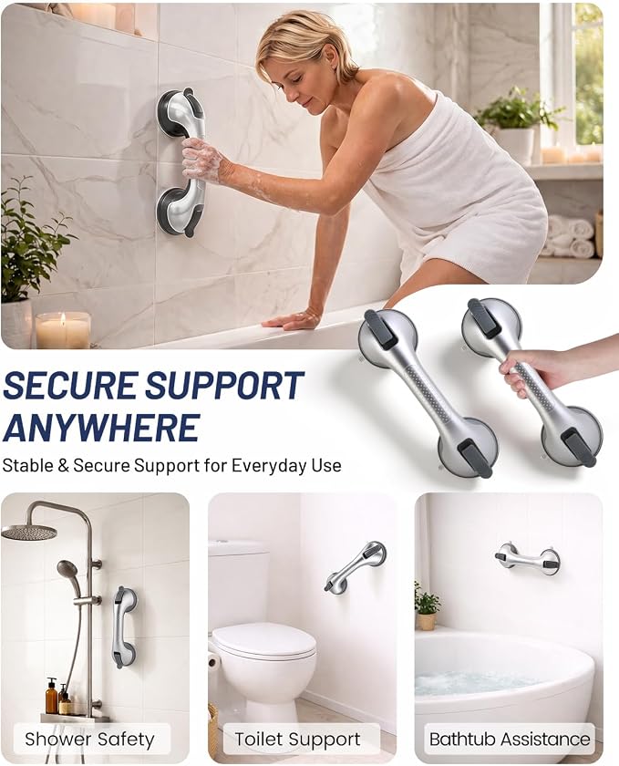 Gel-Enhanced Shower Grab Bars for Seniors and Elderly, Heavy Duty Suction Safety Bars for Bathtubs and Showers, No Drilling Removable Bathroom Handles for Tub and Shower Support, Silver