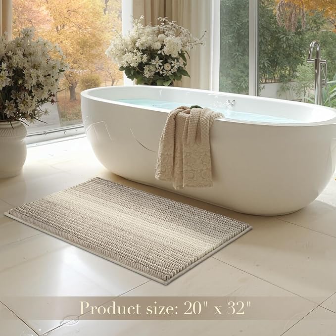 BSICPRO Bathroom Rugs, 20x32 Chenille Bath Mats, Sand | Extra Soft Absorbent, Non Slip Striped, Quick Dry Machine Washable, Shower Rug for Bathroom Bedroom Decor