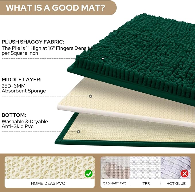 HOMEIDEAS Dark Green Chenille Bathroom Rugs Set of 3, Non Slip Bath Mat | Super Absorbent, Soft Microfiber, Machine Washable, Stain Resistant, for Bathroom Decor