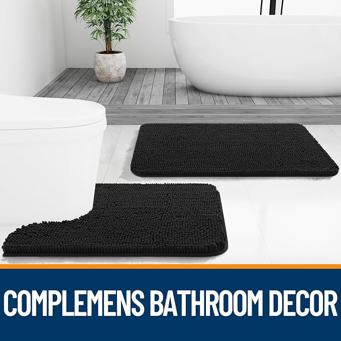 OLANLY Large Bathroom Rugs 59x35, Extra Soft Absorbent Chenille Bath Rugs | Black, Quick-Drying Rubber Backing, Machine Washable Bath Mat for Bathroom Floor, Tub and Shower, Home Decor Accessories