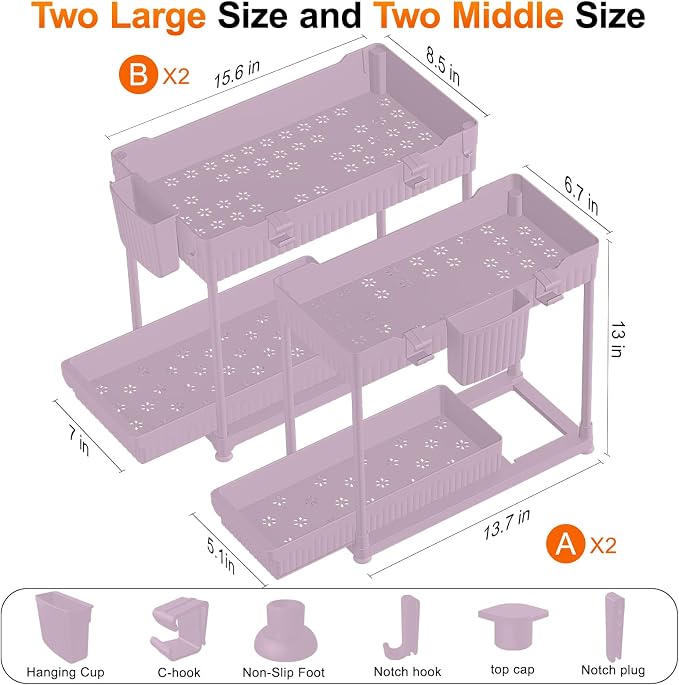Sevenblue Under Sink Organizer, Bathroom Organizers and Storage, 2 Tier Multi-Use Pull Out Cabinet Organizer with Hang Hooks and Cups (Pink, 12.8 Inch)