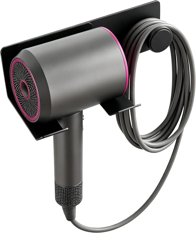 BVL Matte Black Hair Dryer Holder Wall Mount, Aluminum Blow Dryer Rack with Protective Contact Pad, Adhesive Pad & Screws Included, Renter Friendly Bathroom Organizer