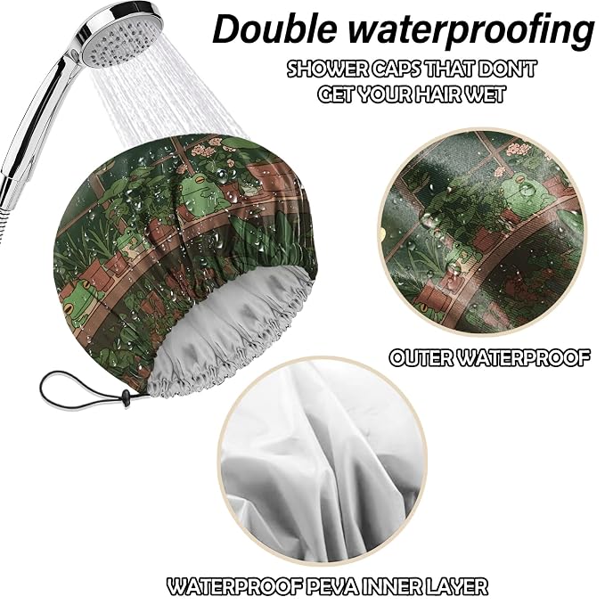 2 PCS Shower Cap Reusable Waterproof Double Layers Hair Caps Shower Bath Adjustable Elastic Hat for Women Girls Cute Aesthetic-Leaf Frog