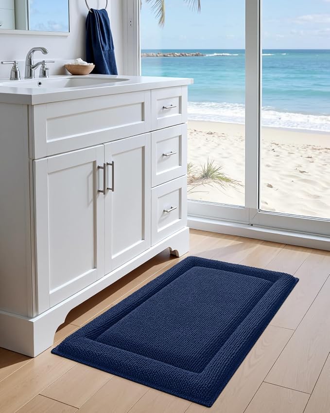 DEXI Memory Foam Bath Mat 32x20, Thick Chenille Bathroom Rug, Navy | Ultra Soft Absorbent, Non Slip Quick Dry, Cushion Plush Bath Carpet for Tub Shower, Sink