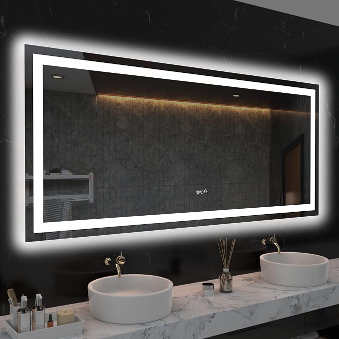 LOAAO 60"X28" LED Bathroom Mirror with Light, UL Listed | Anti-Fog, Dimmable, 3 Color Temperature, Backlit + Front Lit, Memory Function, Tempered Glass