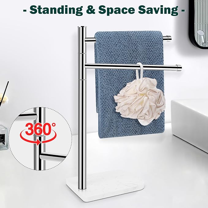 Hand Towel Holder, F-Shape Hand Towel Stand with Marble Base, Stainless Steel Swivel Hand Towel Rack Bar Standing for Bathroom Kitchen Countertop, 2 Arms (Chrome Finish)