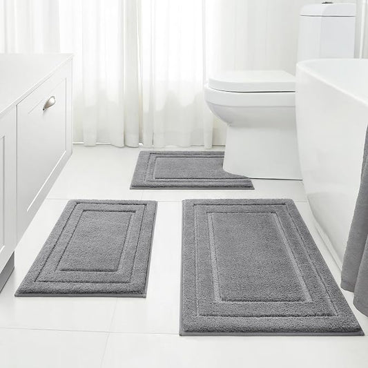 HOMEIDEAS Grey Bathroom Rugs Set of 3, Non Slip Bath Mats | Super Absorbent, Plush Microfiber, Machine Washable, Stain Resistant, Easy Care, Perfect for Modern Bathroom Decor