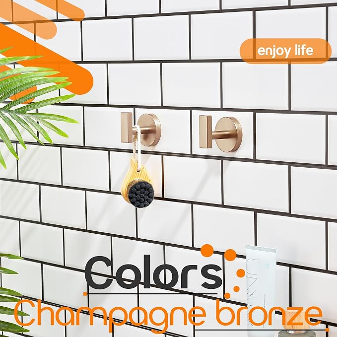 Bath Towel Hooks Wall Mount Robe Hook Stainless Steel Wall Hooks for Bathroom Kitchen Garage Door Hanger Champagne Bronze 2 Pack, AN1001CPG-P2