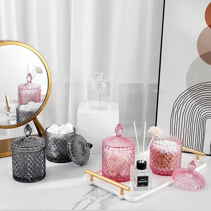 2 Pack Qtip Holder Glass Apothecary Jars with Lid for Bathroom Canisters Dispenser Decor Storage Organizer for Cotton Swabs, Balls, Pads, Floss Picks, Candy, Grey