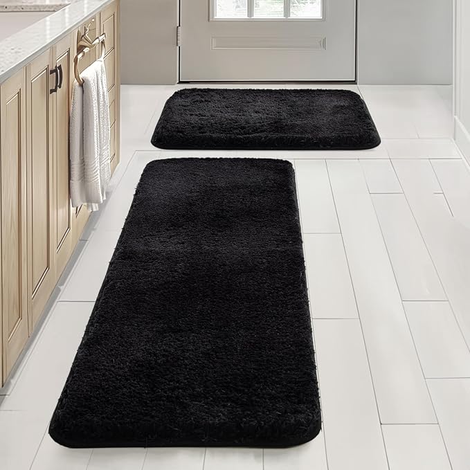 MIULEE Black Bathroom Rugs Set 2 Piece Soft Bath Mats 16x24+16x48 Inch | Soft Absorbent Microfiber Bath Rugs, Non Slip, Quick Dry, Fluffy Bath Rugs for Bathroom Floor Tub Showers, Machine Washable