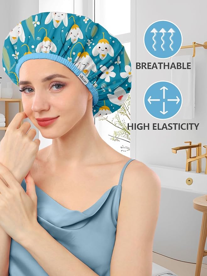 Years calm Shower Caps for Women Reusable Waterproof Double Layer Hair Cap | Both Sides Usable, Reversible Pattern & Solid Color Design, Soft Elastic Keeps Hair Dry for shower Spa Travel