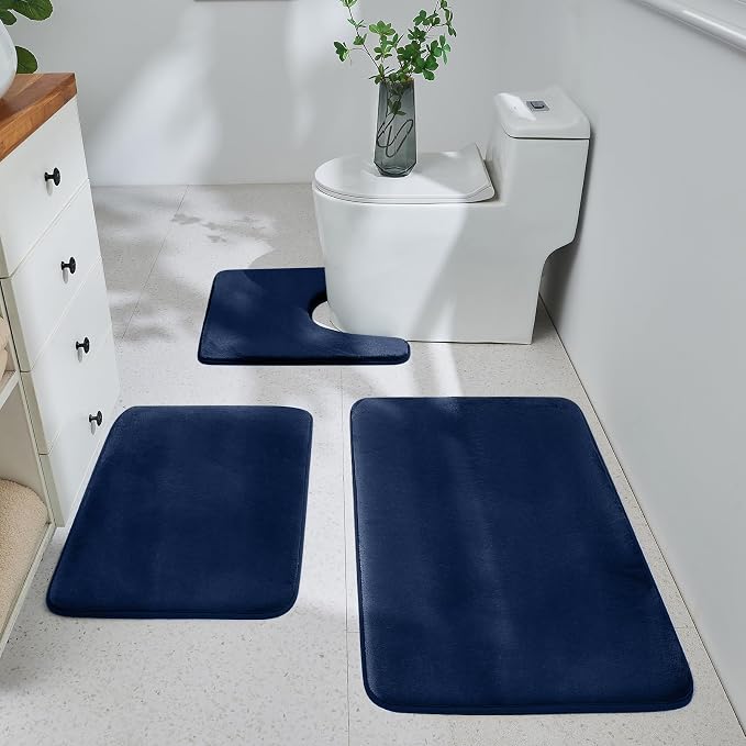 HUXMEYSON 3-Piece Memory Foam Bathroom Rug Set, Navy | Quick Dry Velvet Surface, Non-Slip & PVC Backing, Ultra Soft Bath Rugs for Bathroom, 17"x24"+20"x32"+U Shape 20"x24"