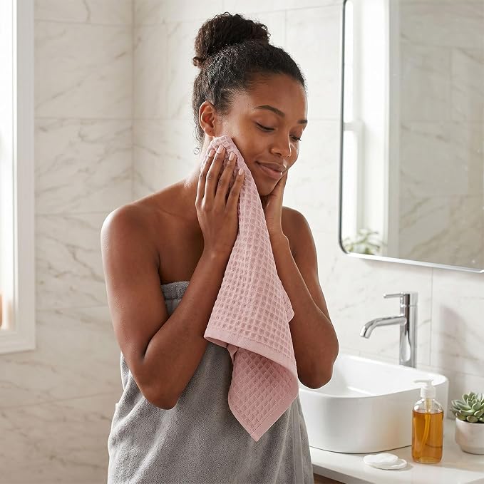 Jacquotha Waffle Hand Towels for Bathroom Decor (Pink) | 2-Piece Cotton Face Towels, Fast Drying & Absorbent, 13” x 29”