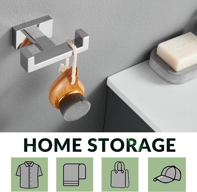 APLusee Square Double Towel Hook, 304 Stainless Steel Dual Coat Holder, Modern Bathroom Kitchen Storage Hanger Wall Mounted, Polished Chrome