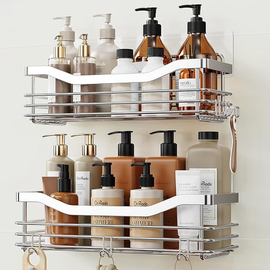 Orimade Shower Caddy Basket Shelf Storage Rack Pack of 2, No Drilling Wall Mounted Adhesive Rust Resistant Stainless Steel Shower Organizer with 5 Hooks for Bathroom, Toilet, Kitchen