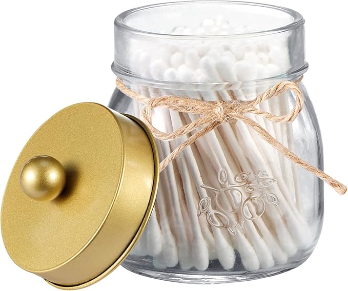 SheeChung Small Glass Mason Jar Qtip Holder with Gold Stainless Steel Lid | Clear Apothecary Jar Canisters Set,Bathroom Jar Dispenser,Vanity Storage Organizer for Cotton Swab,Ball,Floss,Farmhouse Decor