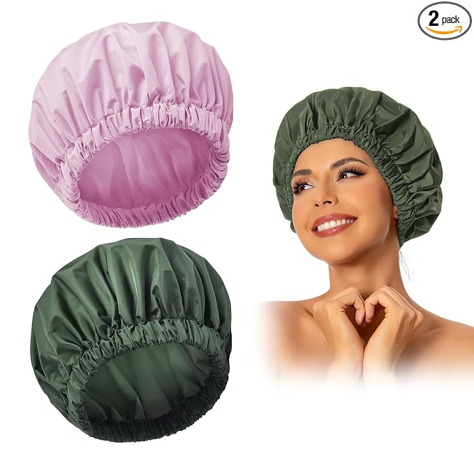 Edoneery Shower Caps for Women Reusable Waterproof, Shower Hair Cap | Washable Bonnet, Wide Elastic Band, Large Fit, Holds Long Hair, Braids Friendly, Bath Accessories, Spa, Travel