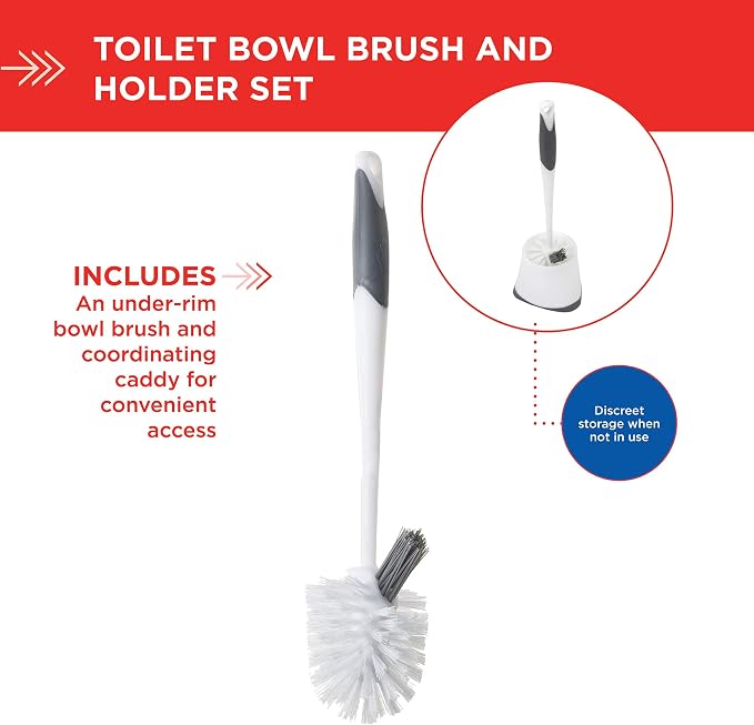Clorox Corner Toilet Bowl Brush with Under Rim Scrubber, Includes Corner Storage Caddy, White