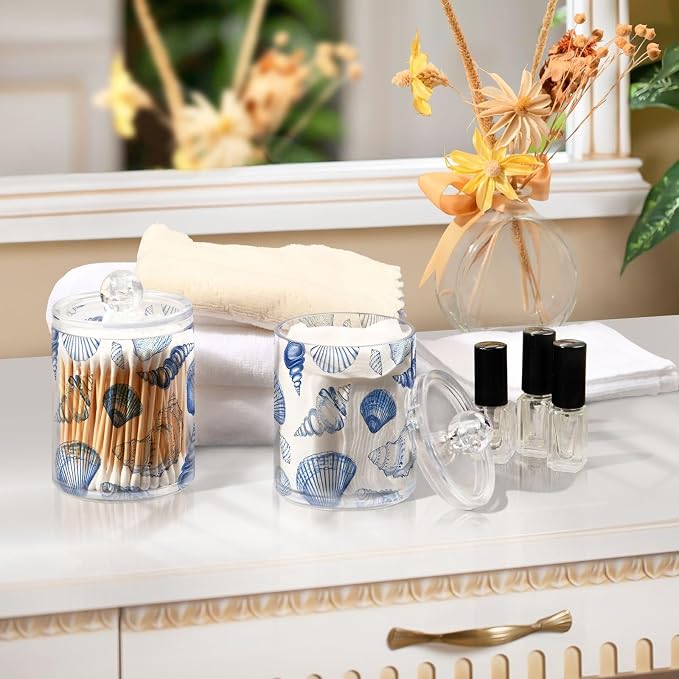 2 Pack Qtip Holder Dispenser for Cotton Ball Blue Seashells Ocean Nautical Coastal Cotton Swab Round Pads Clear Plastic Acrylic Jar Set Bathroom Canister