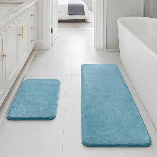Bathroom Rugs Sets 2 Piece, Non-Slip & Quick Dry Bath Mat Set, Ultra Soft Velvet Bath Rugs for Bathroom, Toilet and Shower Floor, Lake Blue
