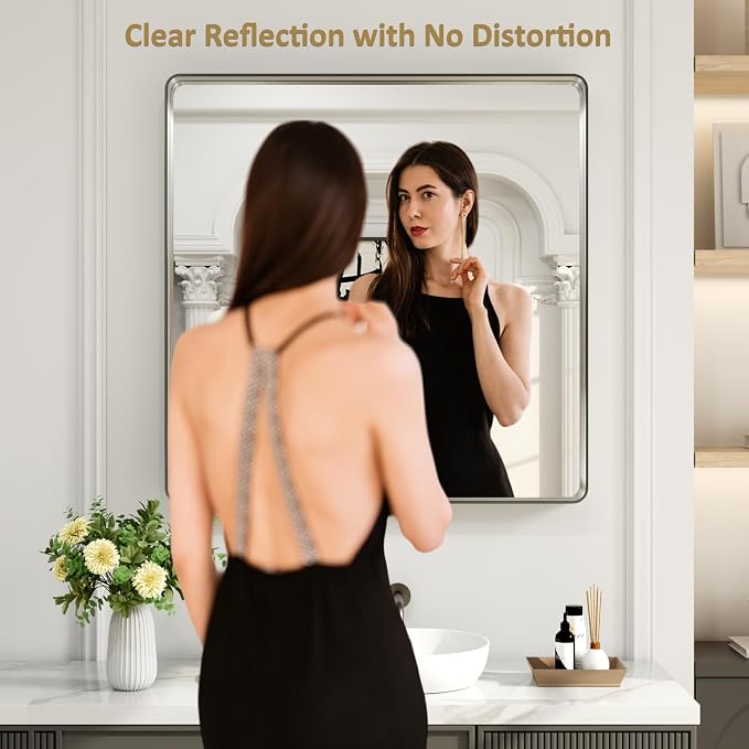 LOAAO 36X36 Inch Brushed Nickel Bathroom Mirror, Rounded Rectangle Silver Metal Frame Mirror, Brushed Nickel, Anti-Rust, Shatter Proof, Hangs Horizontally or Vertically | Rounded Rectangle, Silver Metal Frame, Anti-Rust, Tempered Glass, Hangs Horizonta...