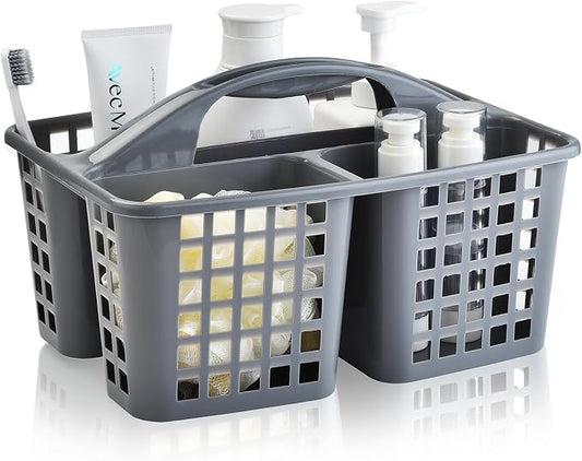 ALINK Plastic Shower Caddy Basket with Compartments, Portable Divided Cleaning Supply Storage Organizer with Handle for College Dorm Bathroom - Gray