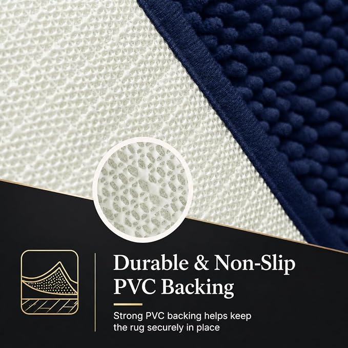 Bathroom Rugs Chenille Bath mat 3 Piece Set, Super Absorbent, Strong PVC Non Slip Backing, Bath mats for Bathroom, Plush Shaggy, Thick, Machine Washable, Bathtub, Toilet, Navy Blue