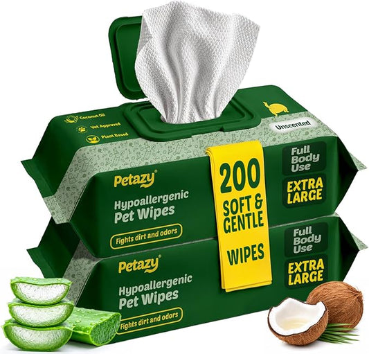 Pet Wipes for Dogs & Cats - Paws, Ears & Butt Cleaning, 200 Count | Unscented, Hypoallergenic for Sensitive Skin, XL, Extra Thick, Tear-Resistant, Deodorizing, Aloe & Coconut Oil, 2 Packs