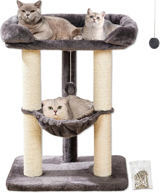 28" Cat Tree, Large Bed for Big Cats, Small Cat Tower with Soft Perch for Window Viewing, Stable Cat Tree Tower, Cat Scratching Post with Hammock, Removable Cover-Gray