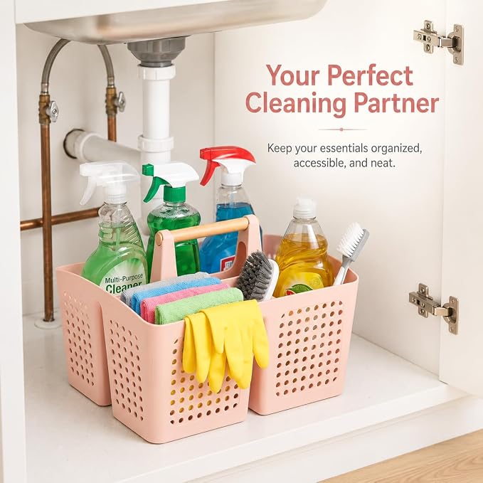 Portable Shower Caddy Basket with Wood Handle, 3-Compartment Bathroom Organizer Tote with Drain Holes, Plastic Shower Basket for Dorm, Toiletries, Cleaning Supplies, Pink