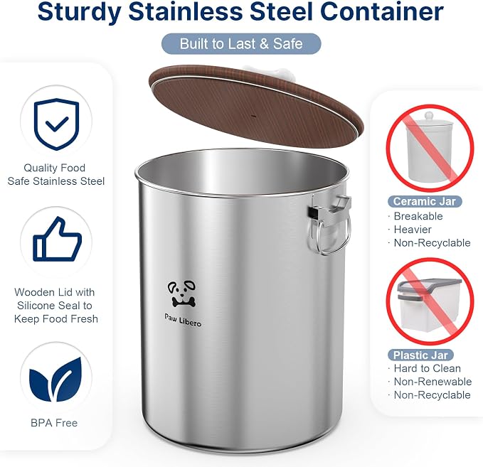 Paw Libero 25 Lbs Stainless Steel Dog Food Storage Container with Airtight Wooden Lid & Ceramic Bone Handle, Large Metal Dog Food Bin for Dogs & Cats, Keep Fresh, Easy to Clean