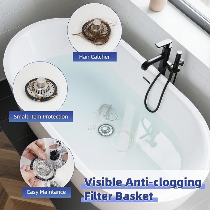 Universal Bathtub Drain Stopper Metal Hair Catcher, Top Strainer, Chrome | Shower Drain Tub Stopper with Stainless Steel Visible Filter Basket, Upgraded 3 in 1 Pop-up Drain Plug for 1.5 to 2.4" Hole