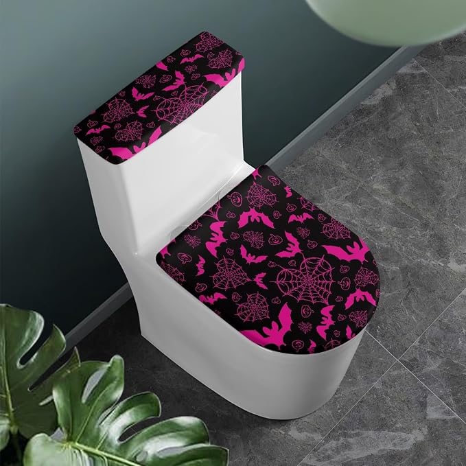 Spider Web Toilet Tank Cover for Bathroom Bat Toilet Lid Cover Set 2 Oval Bathroom Set for Halloween Party