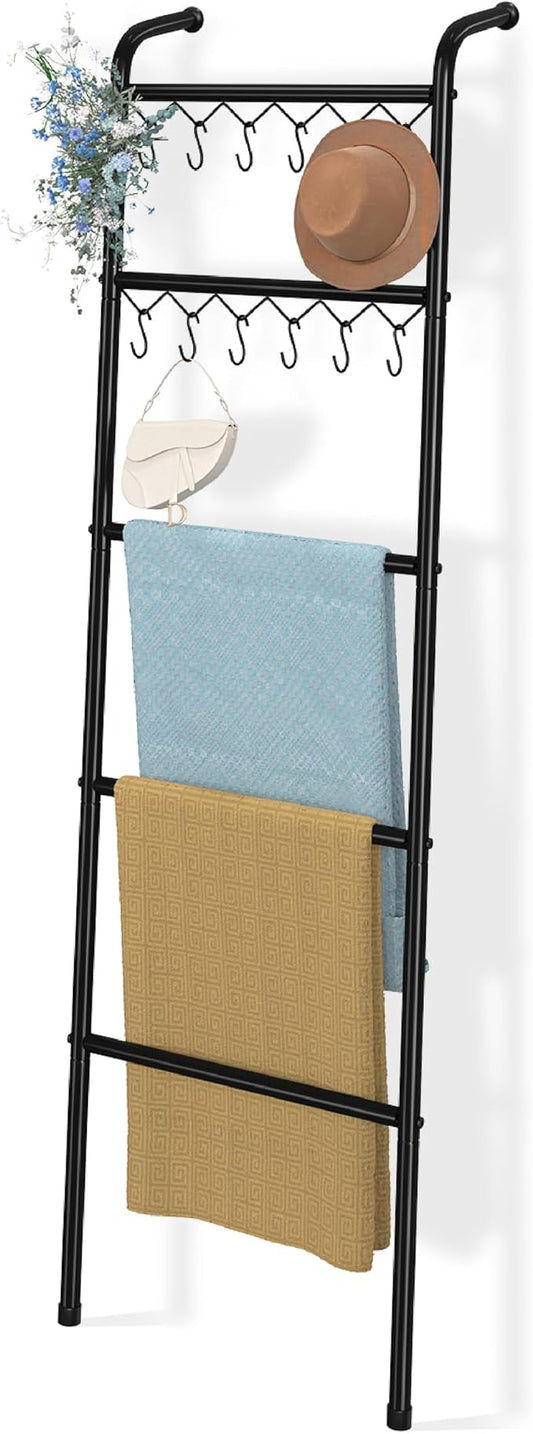 Simple Trending Blanket Ladder，5 Tier Metal Towel Rack with 12 Hooks, 79'' Metal Style Decorative Ladder for The Living Room Bedroom Bathroom Home Decor, Black