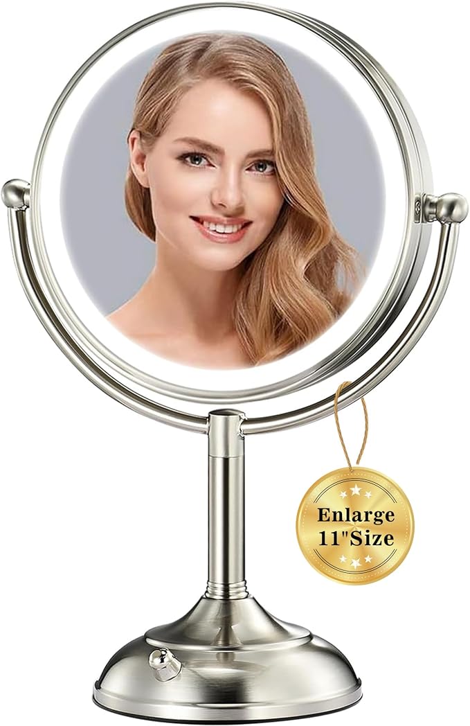 VESAUR 11.8" Extra Large 17" Tall Lighted Makeup Mirror, 1X/5X/10X 3-Sided Magnifying Mirror with 96 LEDs, 3 Color Dimmable Lights, 360° Swivel Dual Power Vanity Mirror, Nickel Finish Luxury Gift Box