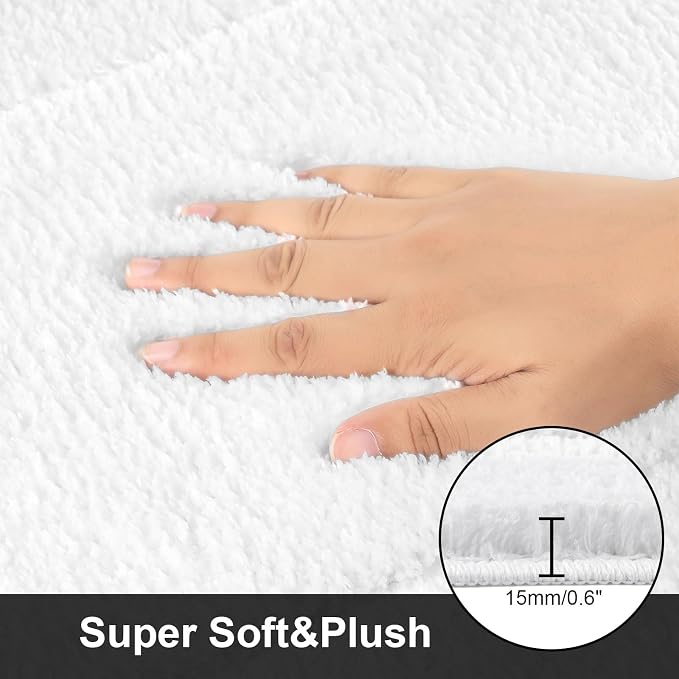 SHACOS White Bathroom Rugs Sets 3 Piece, Non Slip Soft Absorbent 16"x24" | Small Microfiber Bath Mat with Toilet Lid Cover, Shaggy Carpet U-Shaped Contour Toilet Rug, Machine Washable