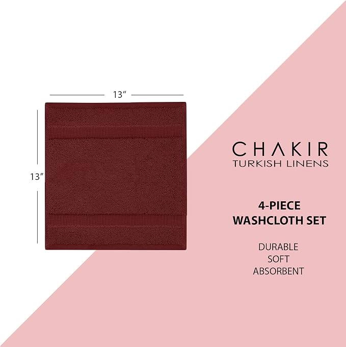 Chakir Turkish Linens 100% Cotton 4-Pack Washcloths 13x13, Cranberry | 100% cotton washcloths, 4-pack 13x13, OEKO-TEX certified, soft absorbent face towels