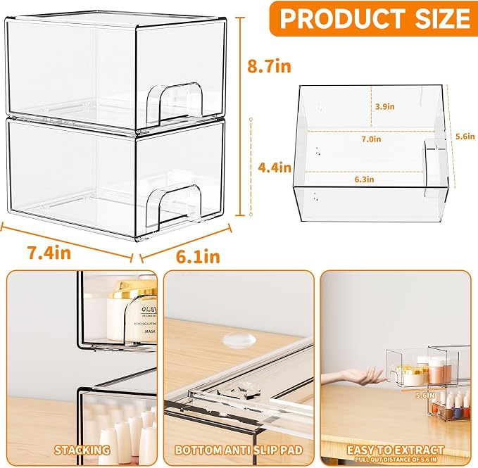 Yieach 2 Pack Clear Stackable Storage Drawers,4.4'' Tall Acrylic Drawer Containers for Organizing,Bathroom Organizers and Storage Bin Box,Plastic Makeup,Medicine Organizer Bins for Cabinet,Undersink