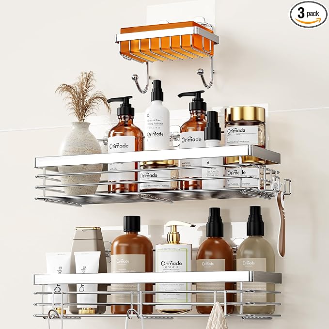 Orimade Adhesive Shower Caddy Soap Dish Holder Shelf with 5 Hooks Bathroom Organizer Basket Kitchen Storage Rack Wall Mounted No Drilling Stainless Steel - 3 Pack,Silver